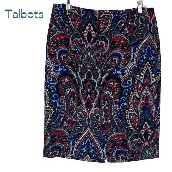 Talbots Blue Red Paisley Print OfficeCore Career Pencil Skirt NWOT Size 10 - Picture 1 of 12